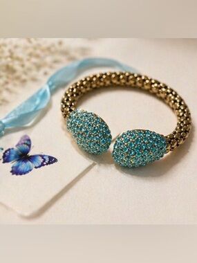 🩵Turquoise Crystal Cuff | Gold Plate Woven Band Bracelet 🩵